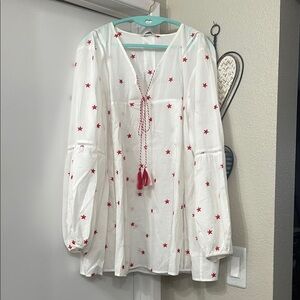 White and Red Long Sleeve Tie Front Blouse
